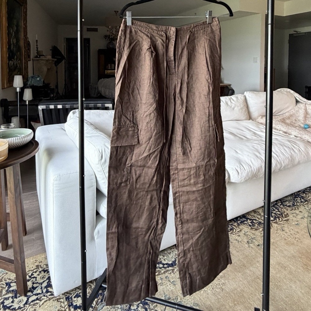 MNG Women's Brown Linen Pleated Straight-Leg Dress Pants M 32" Inseam Pockets